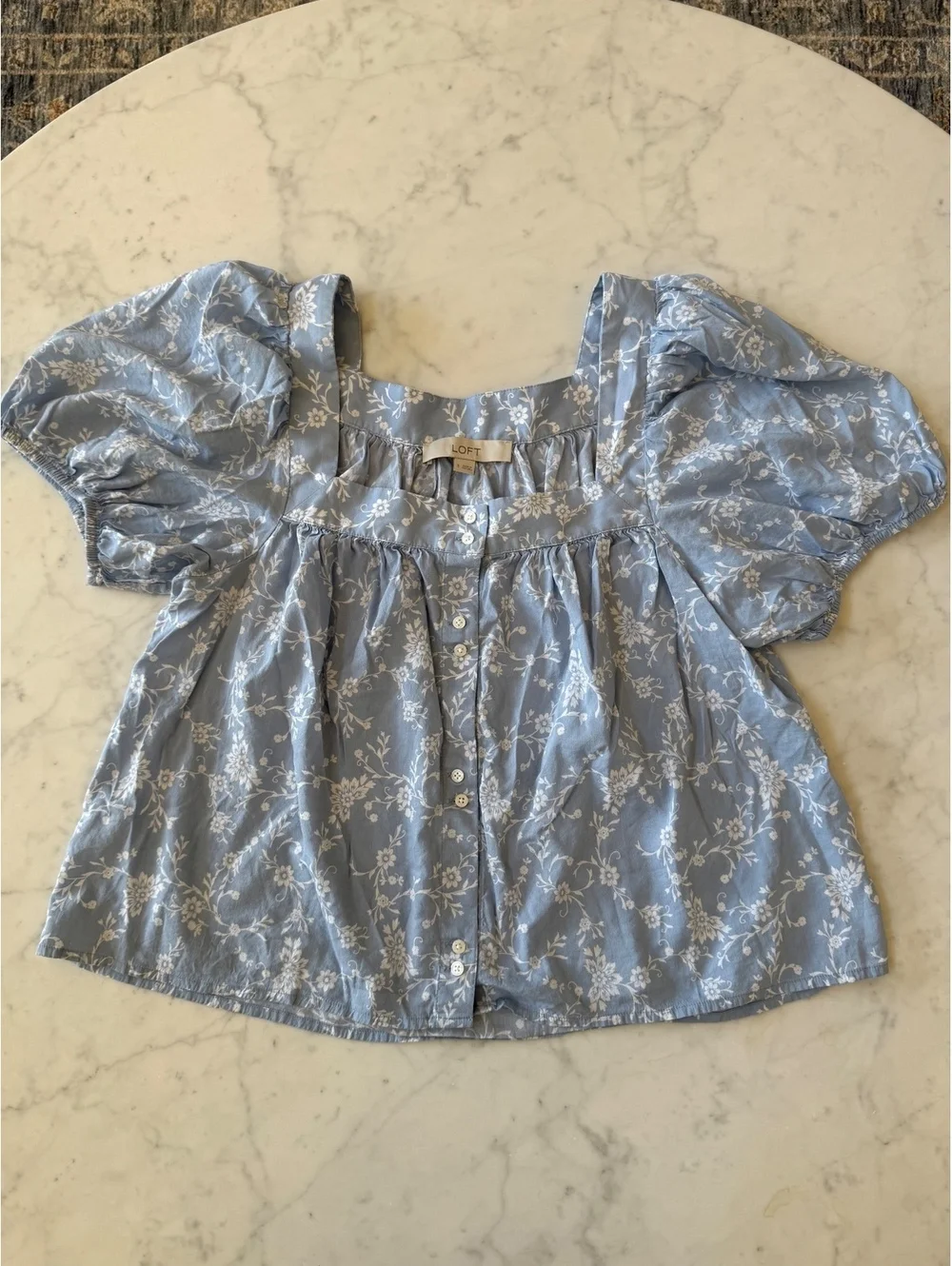 LOFT Blue Floral Puff Sleeve Square Neck Blouse Size Small
